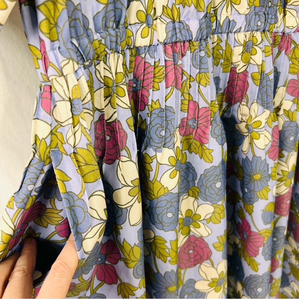 YMC London Floral Midi Smock Dress Size S 70s Mod Blue Pink Cotton Garden - Picture 6 of 16